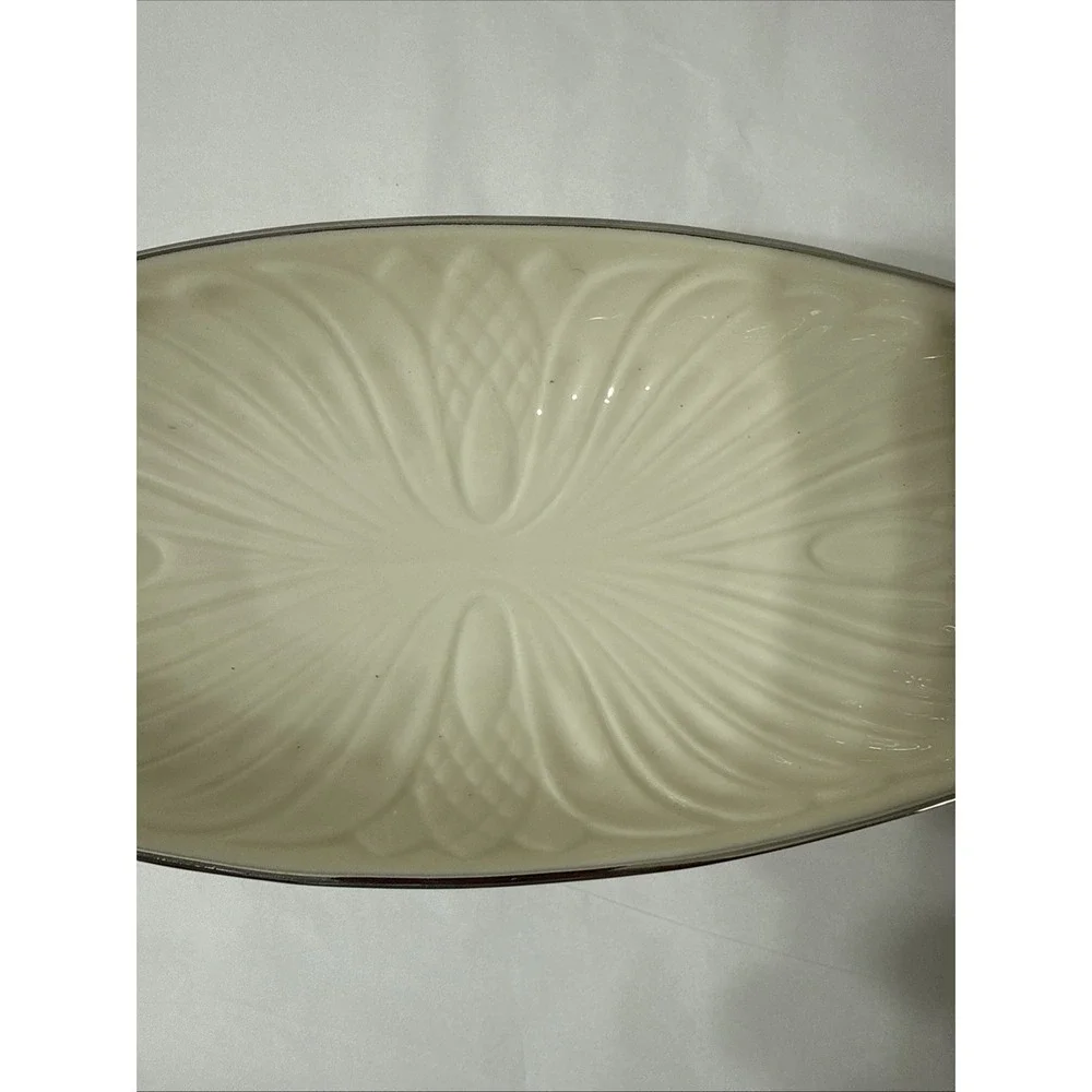 Lenox MONACO SPECIAL Embossed Cream Silver Trim Handled Long Relish Serving Dish